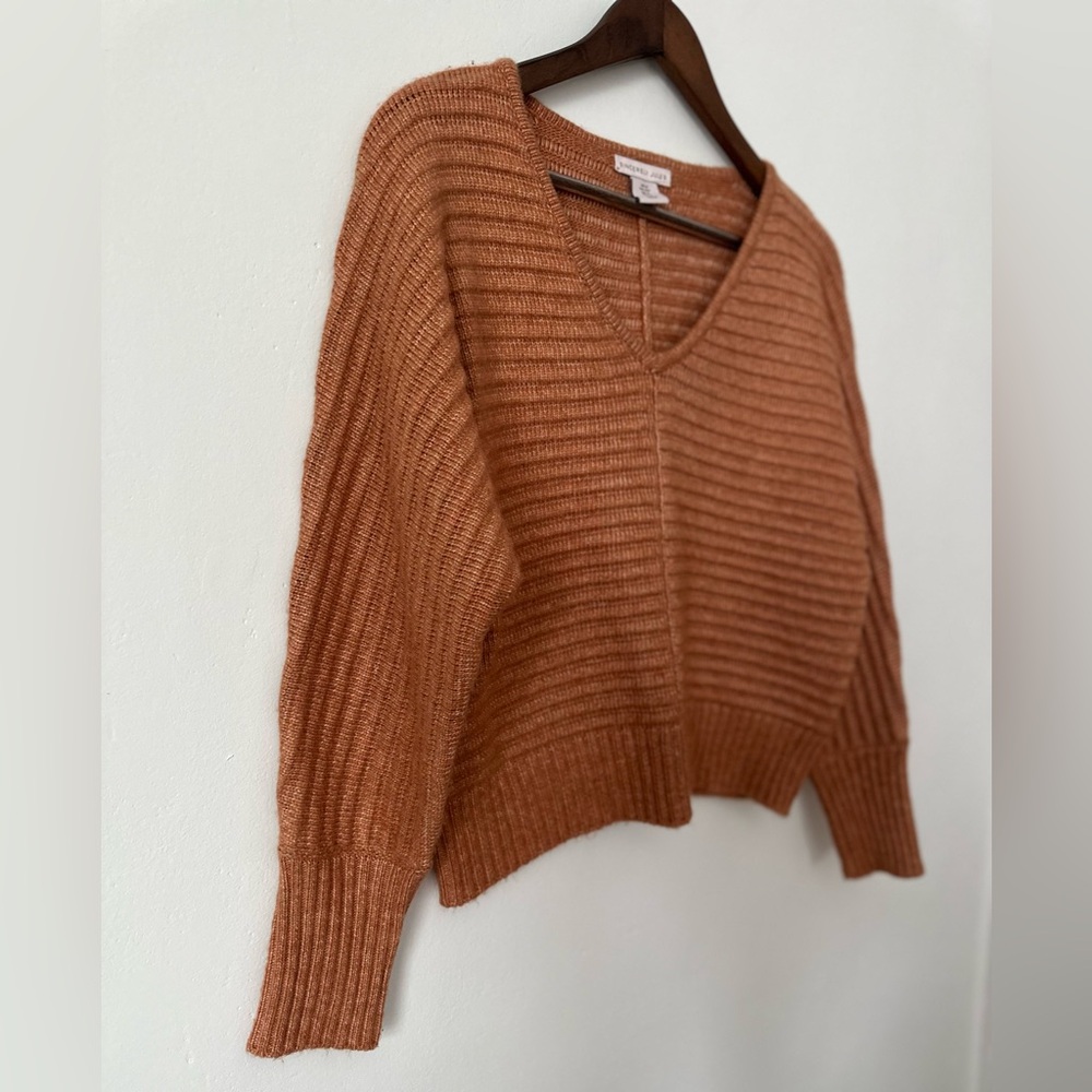 Cropped Sincerely Jules Rust Orange Ribbed V-Neck Sweater - Size Small - Picture 3 of 7
